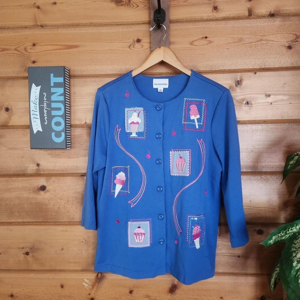 Brekenridge Vintage 3/4 Button Front Top Cardigan Blue Ice Cream‎ Embroider Sz M